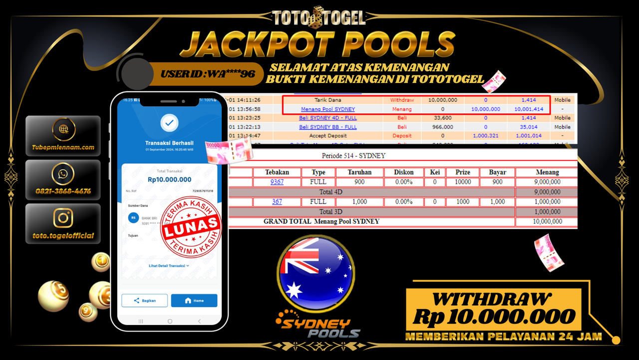 Bukti Pembayaran Permainan Pools sydney   Dengan ID : WA****96 LUNAS