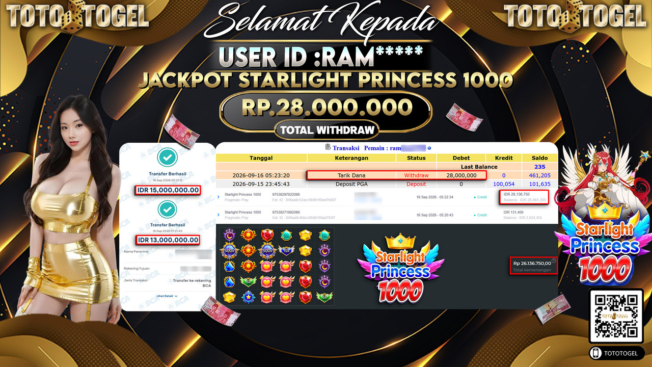 Bukti Pembayaran Jackpot Slot Starlight Princess 1000  ID:RAM*****LUNAS
