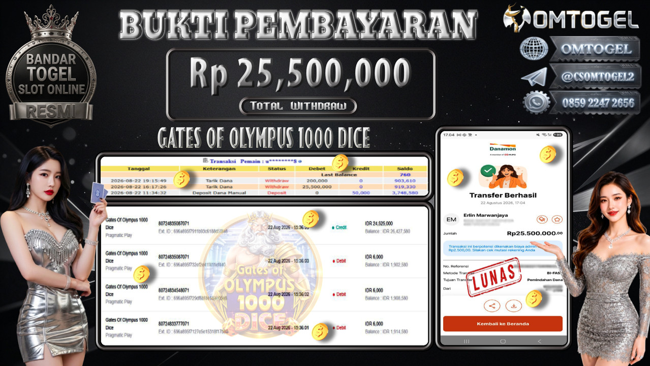OMTOGEL JACKPOT PRAGMATIC PLAY GATES OF OLYMPUS 1000 Rp,25,500,000,- DIBAYAR LUNAS