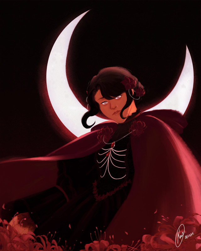 An illustration of one of my OCs, the vessel of death (she/they). A feminine figure stands alone amongst spider lilies, their gaze staring right at you--sorrowful yet kind. Her dark red cape sways in the wind along with the flowers. Behind her is a crescent moon that seems to cut through their neck.