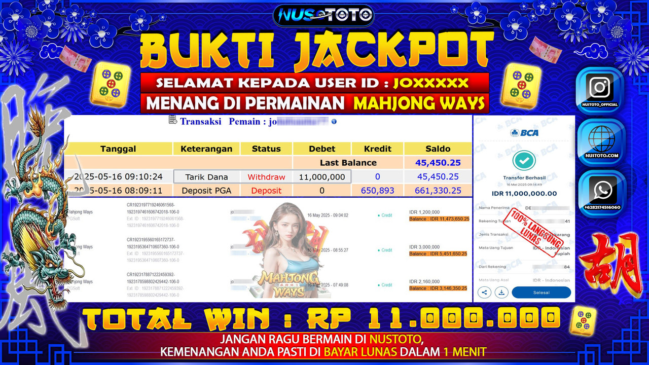 JACKPOT !! MENANG BESAR DI MAHJONG WAYS Rp. 11.000.000 LANGSUNG DI BAYAR LUNAS NUSTOTO !!