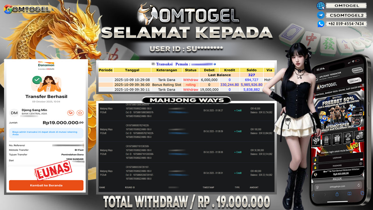 OMTOGEL JACKPOT PGSOFT MAHJONG WAYS 19 JUTA DI BAYAR LUNAS ,-