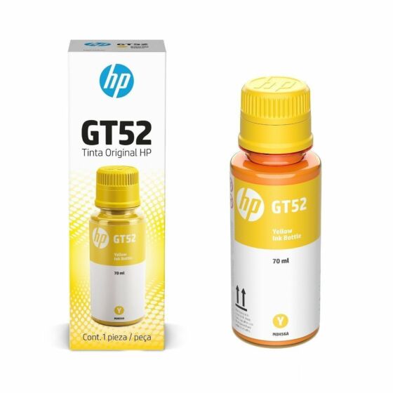 Botella de tinta original HP GT52 de color amarillo.