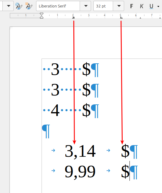 Tabs in Writer instead of spaces (with visible whitespace characters)