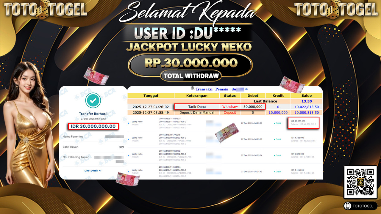 Bukti Pembayaran Jackpot Permainan Slot Lucky Neko ID:DU**** LUNAS
