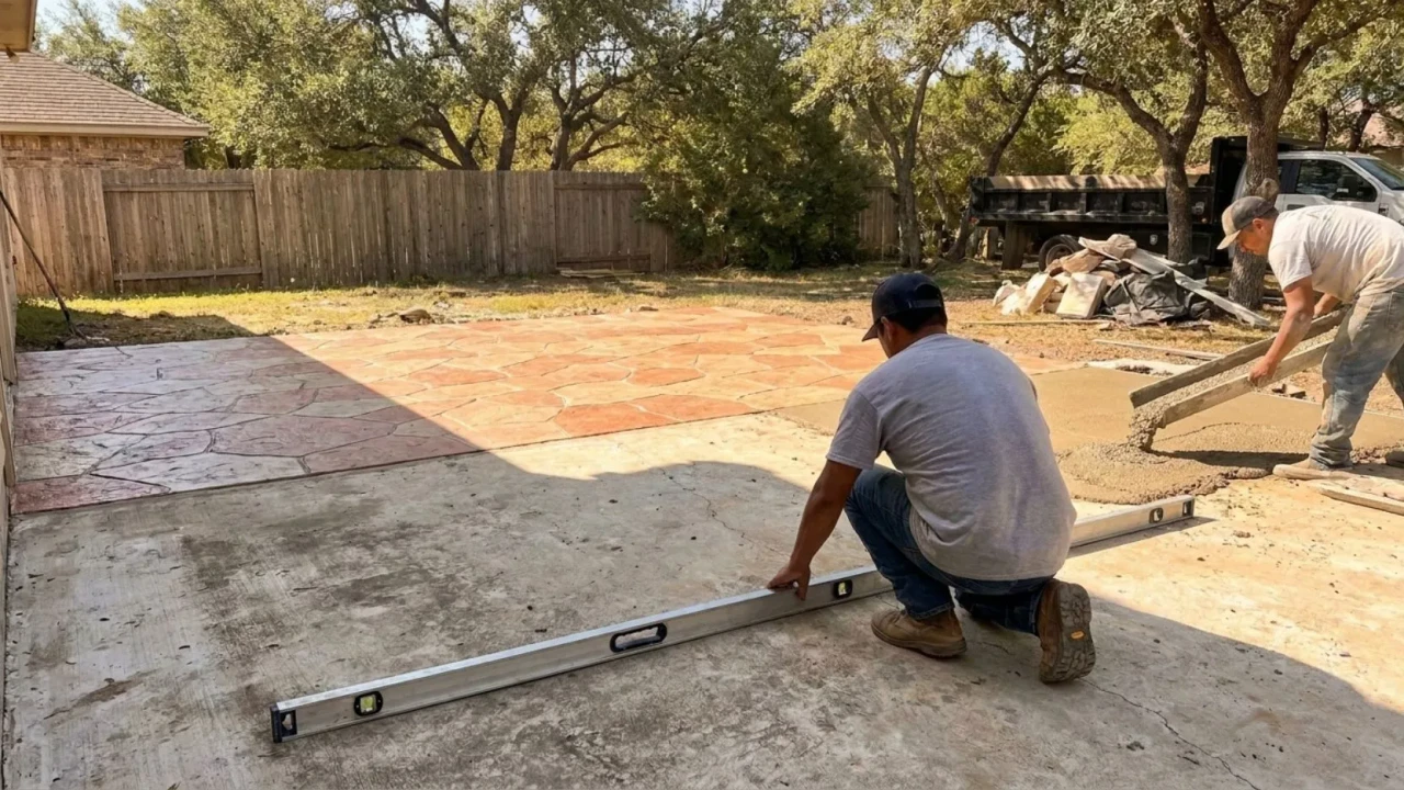 Decorative stamped overlay being applied over a sound existing concrete patio in San Antonio  the new patterned layer bonds to the prepared old slab, removing the demolition cost from the job