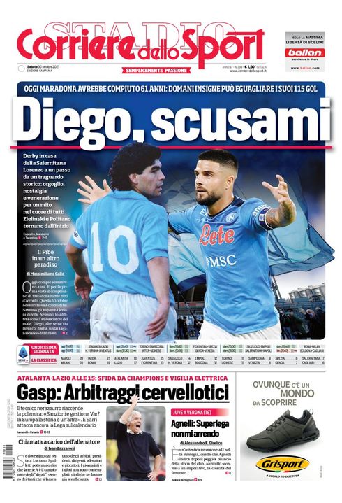 PRIMA PAGINA - Corriere dello Sport, ed. Campania: “Diego, scusami"