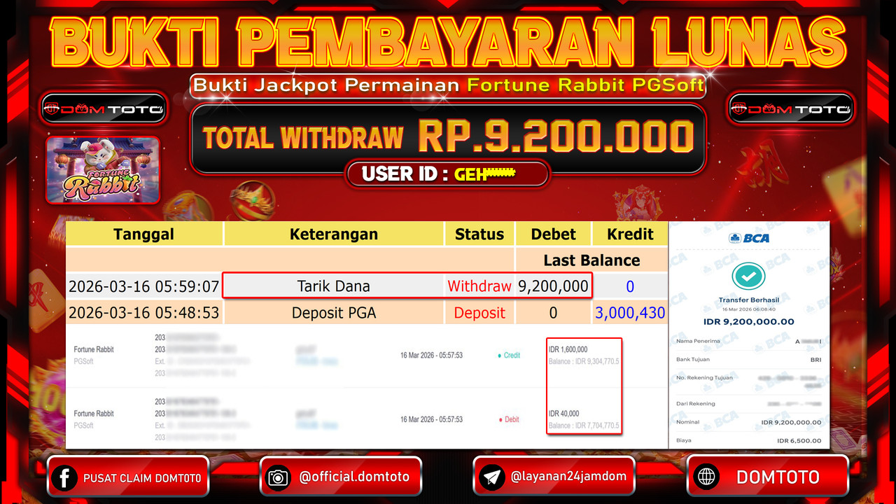 JACKPOT SLOT Fortune Rabbit PGSoft 16 MARET 2026