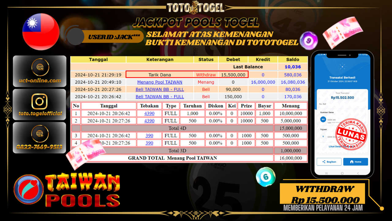 Bukti Pembayaran Permainan Jackpot Togel Pools Taiwan Dengan ID : JACK*** LUNAS
