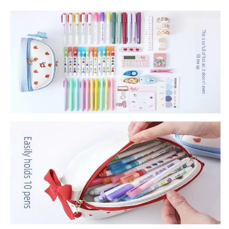 Blue Large Capacity Double Layer Pencil Case Waterproof PU Leather Stationery Organizer for global Students and Office Use High Capacity Makeup Bag