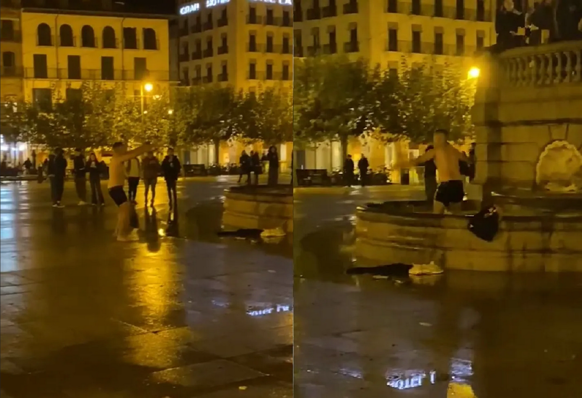 Para bajarse la borrachera, joven se da un baño en una fuente de España: video