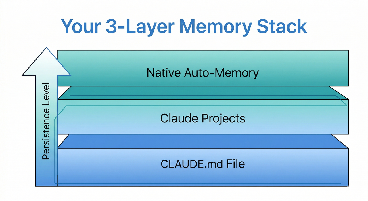 Claude 3-layer memory stack — CLAUDE.md, Projects, Native Auto-Memory