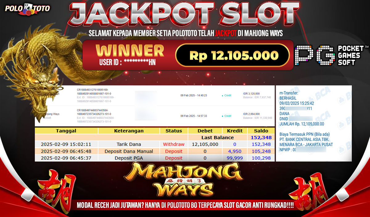 POLOTOTO JACKPOT SLOT MAHJONG WAYS Rp.12,105.000,-