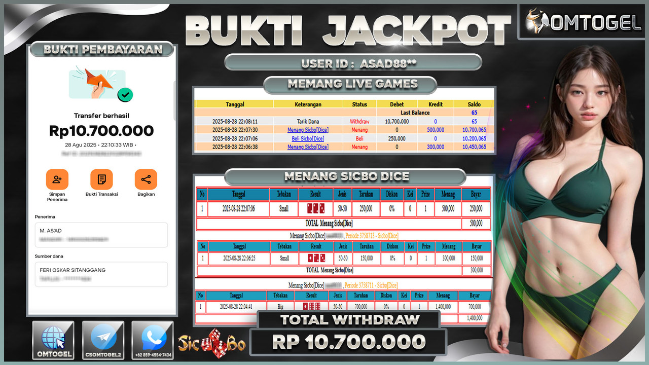 OMTOGEL JACKPOT LIVE GAMES SICBO DICE 10 JUTA DI BAYAR LUNAS ,-