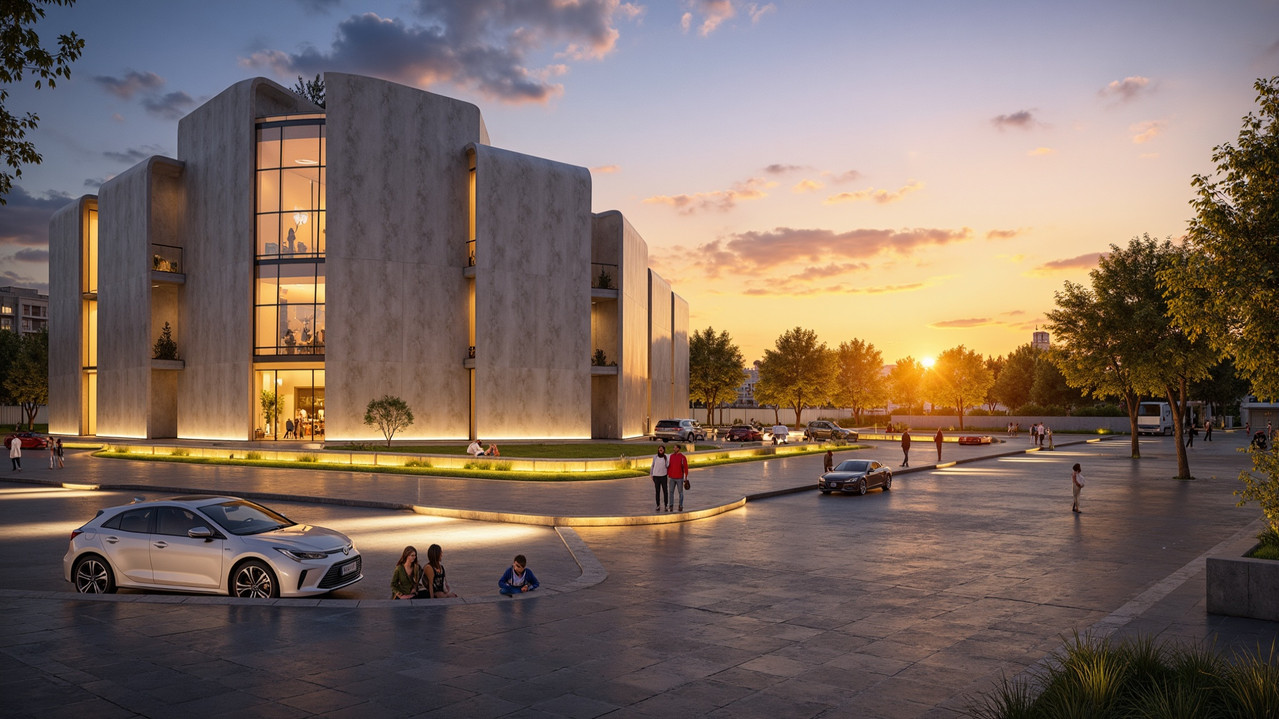 Modern architectural perspective from the plaza.