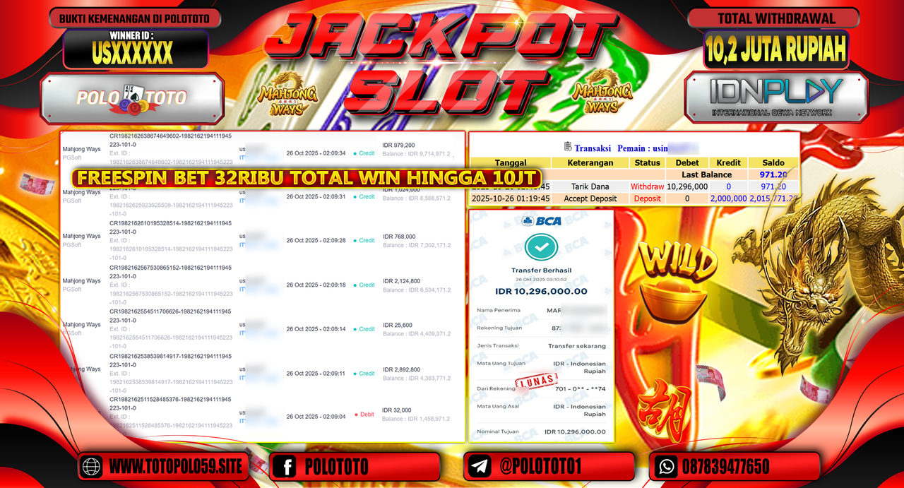 POLOTOTO JACKPOT SLOT MAHJONG WAYS Rp.10.200.000,- LUNAS