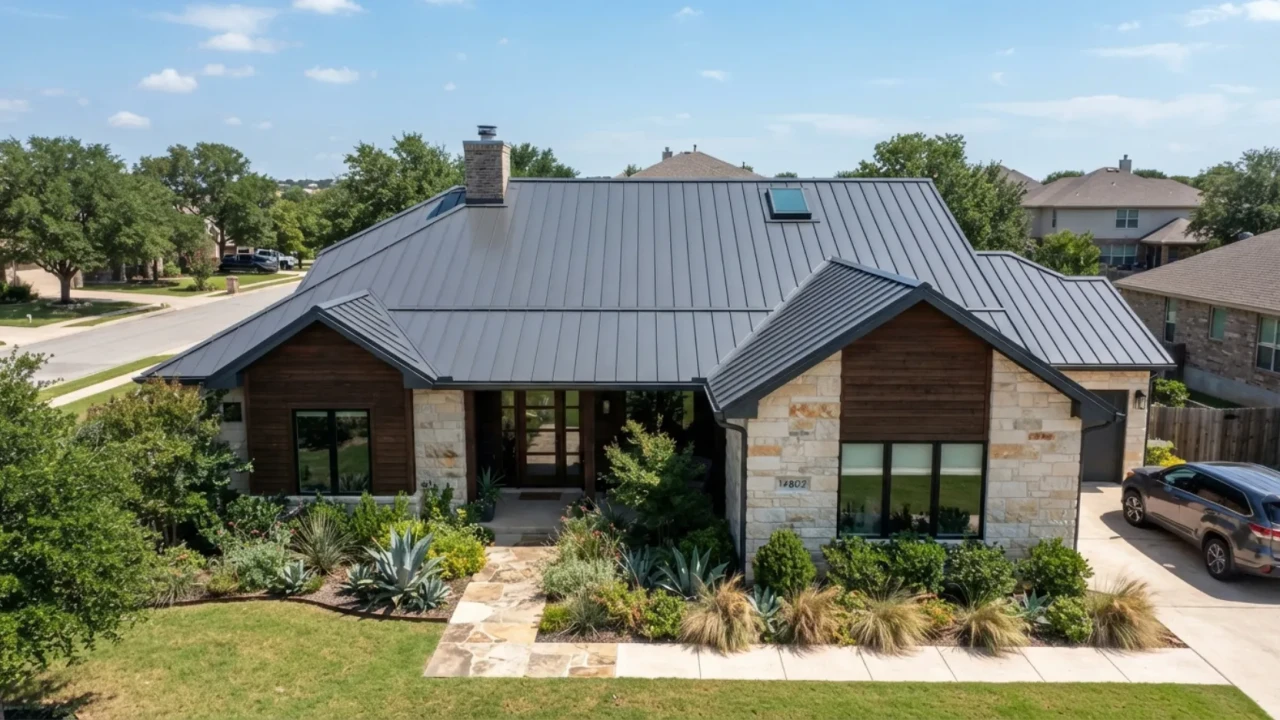 Completed metal roof overlay on San Antonio home showing clean finished installation with new ridge cap and flashing