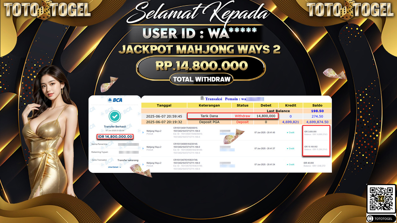 Bukti Pembayaran Jackpot Permainan Slot Mahjong Ways 2 ID:WA***** LUNAS