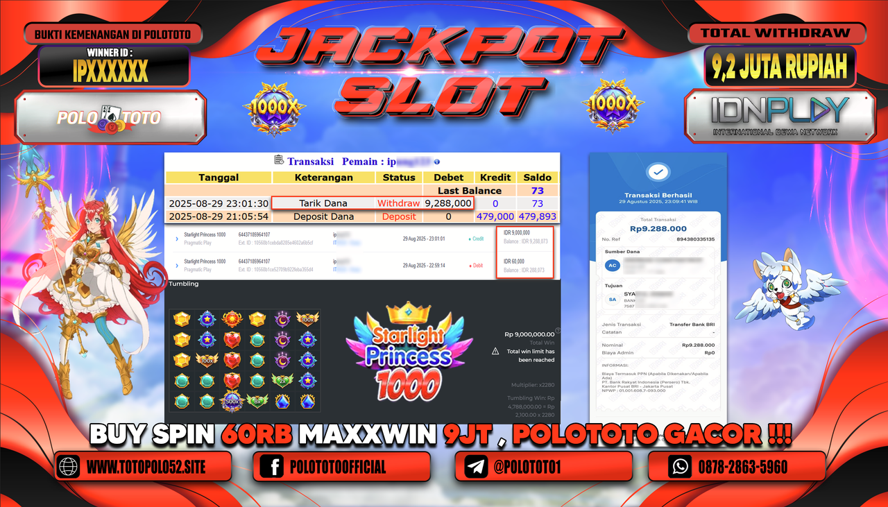 POLOTOTO JACKPOT SLOT STARLIGHT PRINCESS 1000 Rp.9.288.000,-