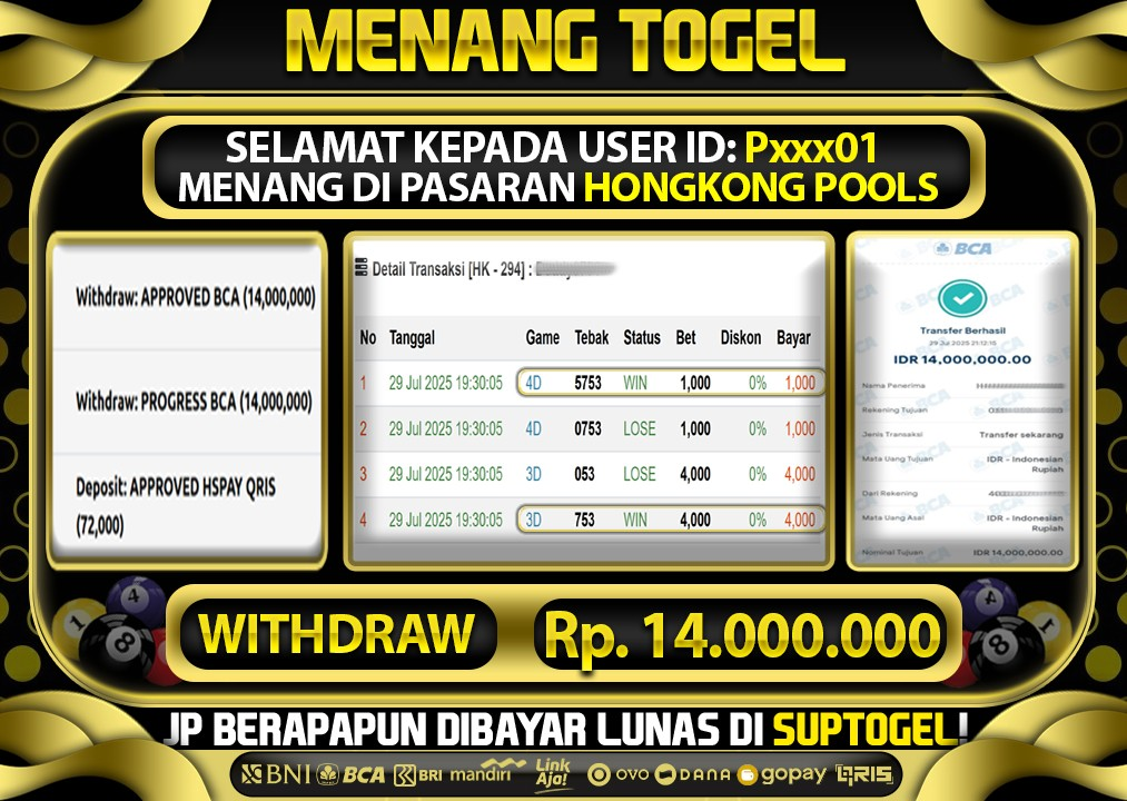  BUKTI KEMENANGAN 29 JULY 2025 MENANG DI HONGKONG POOLS  TOTAL WD 14 JUTA