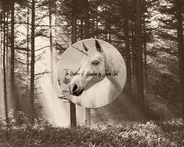 black and white circular image of a unicorn with the words The Unicorn of Hawkins by Jaune Chat superimposed on it all of it superimposed on a black and white photograph of a sunlit pine forest