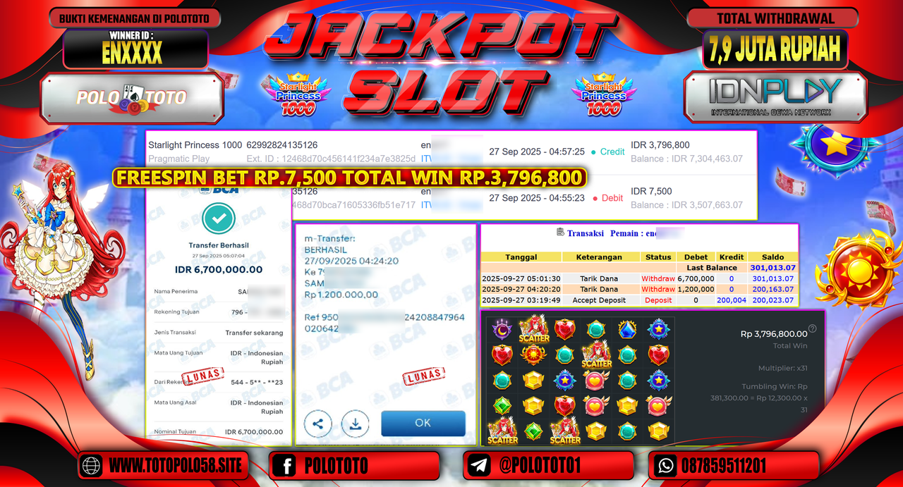 POLOTOTO JACKPOT SLOT STARLIGHT PRINCESS 1000 Rp.7.900.000,- LUNAS