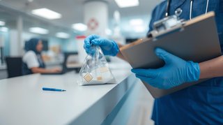 Medical courier handing off a sealed specimen bag with chain‑of‑custody clipboard at clinic reception