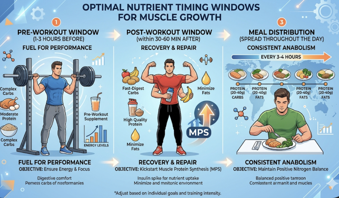 Infographic showing optimal nutrient timing windows: pre-workout meal 1-3 hours before, post-workout protein within 4-6 hours, and protein distribution across meals, explaining when to eat for muscle gain