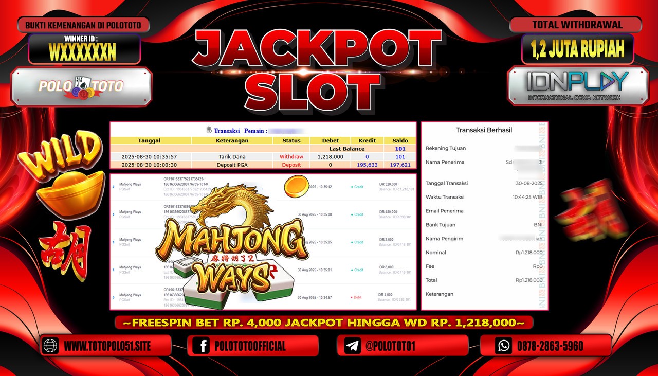 POLOTOTO JACKPOT SLOT MAHJONG WAYS Rp.1.200.000,- LUNAS