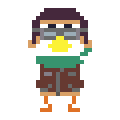 pixel animated animation of a duck wearing a scarf and a pilot helmet flapping its wings