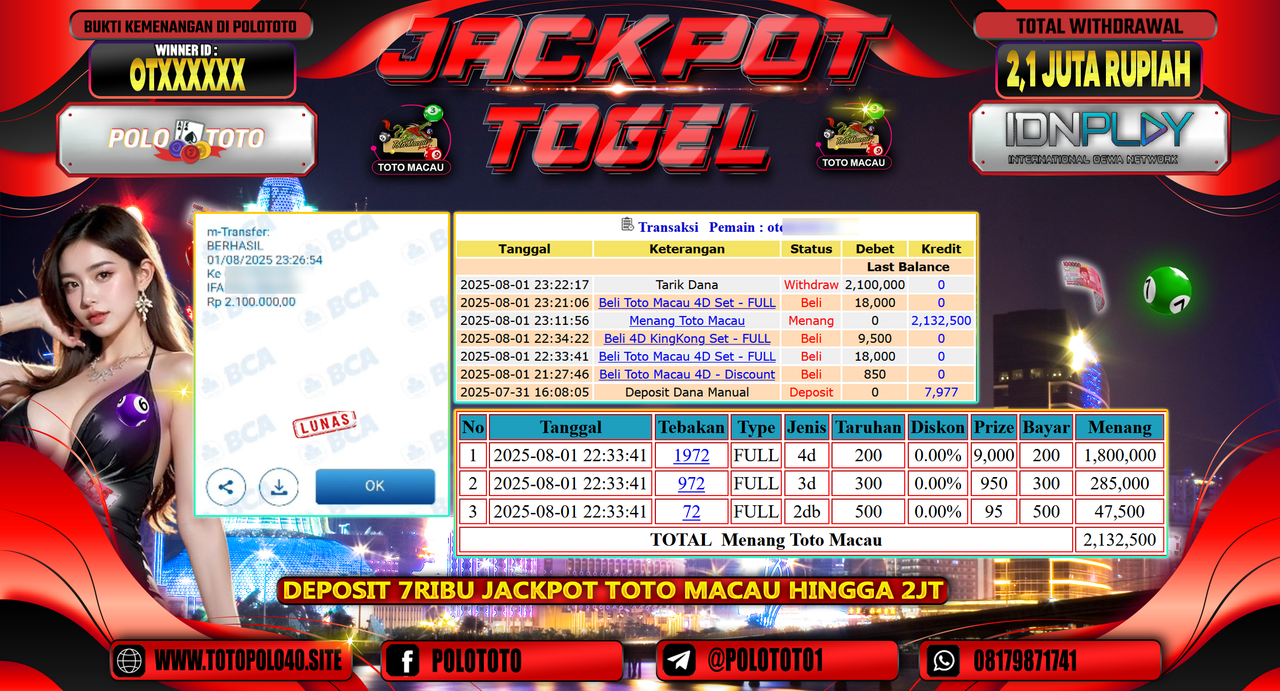 POLOTOTO JACKPOT TOGEL TOTO MACAU Rp.2.100.000,- LUNAS