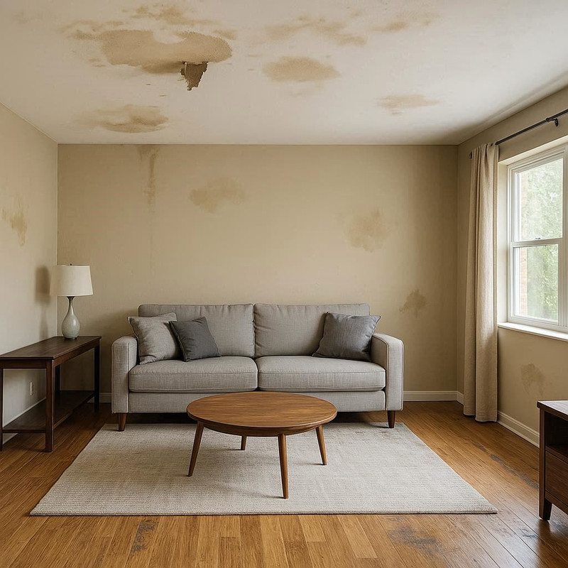 Before photo of a living room with extensive water stains and mold on the walls and ceiling from a burst pipe.