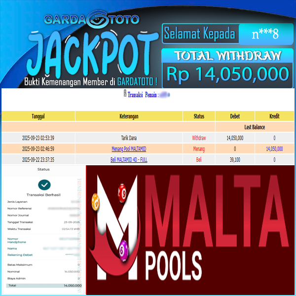 JACKPOT TOGEL DI PASARAN MALTAMID 4D Rp 14.050.000,- DIBAYAR LUNAS!!!