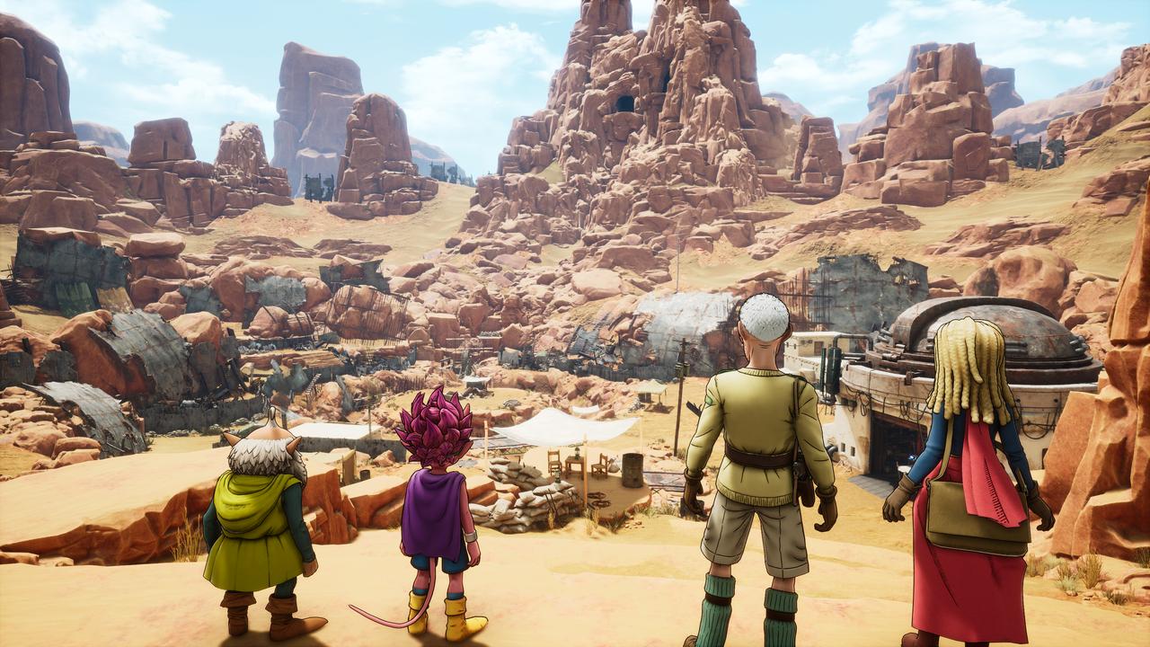 The Four Protagonists from Sand Land overlook a battered city.