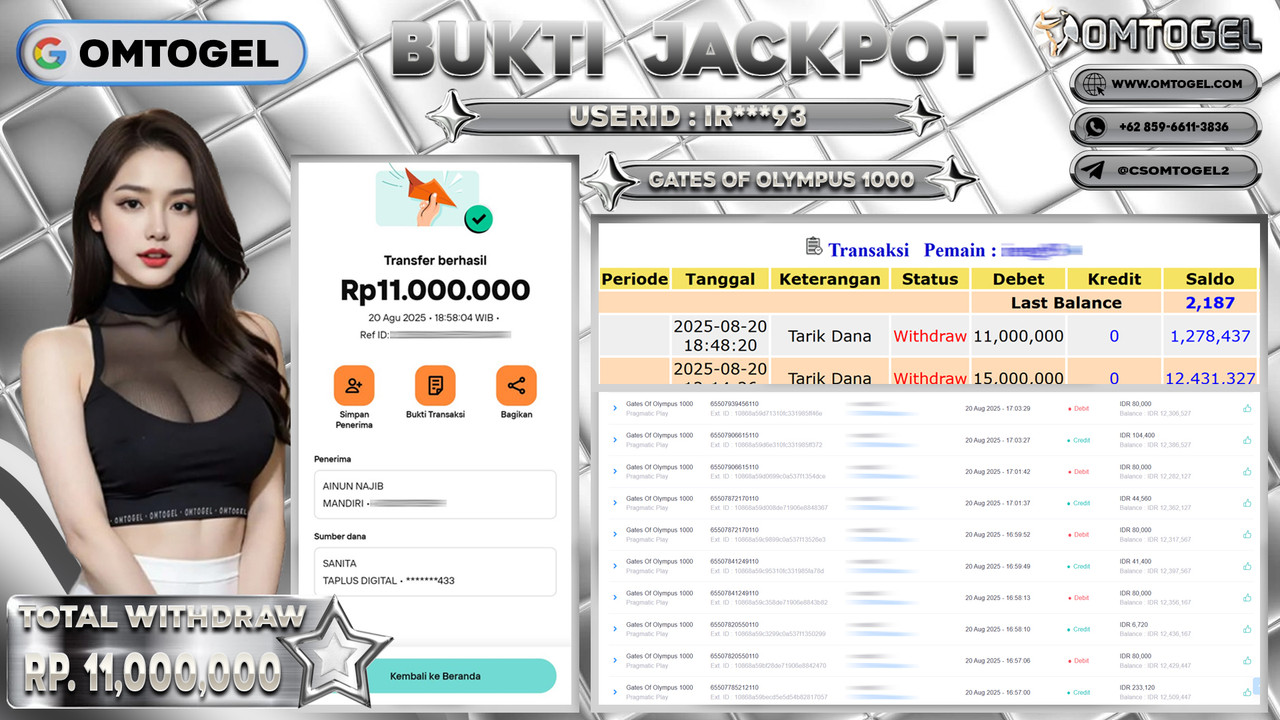 OMTOGEL JACKPOT PRAGMATIC PLAY GATES OF OLYMPUS 1000 11 JUTA DI BAYAR LUNAS ,-