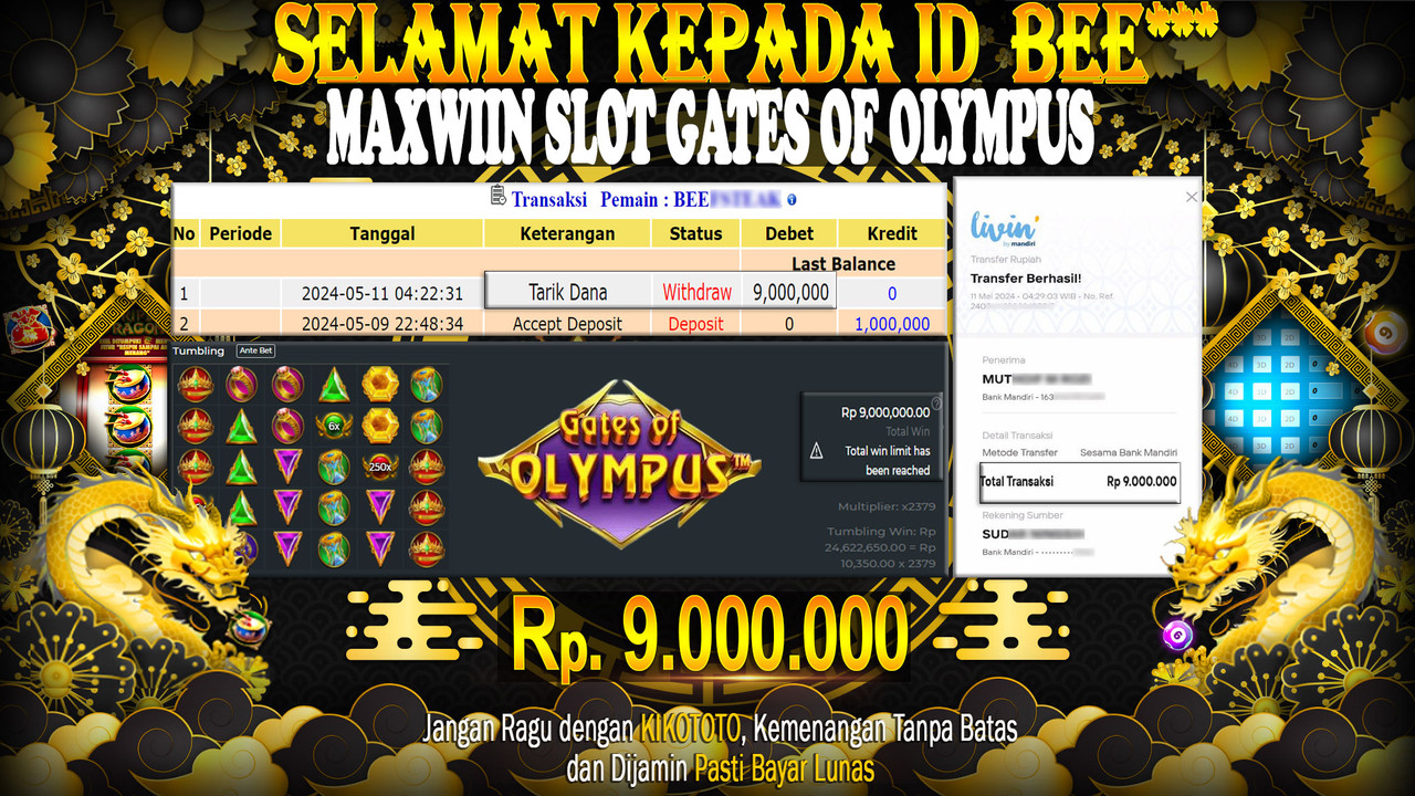 MAXWIN !!! MENANG BESAR DI SLOT GATES OF OLYMPUS SEBESAR Rp 9,000,000 LANGSUNG DI BAYAR KIKOTOTO !!!!