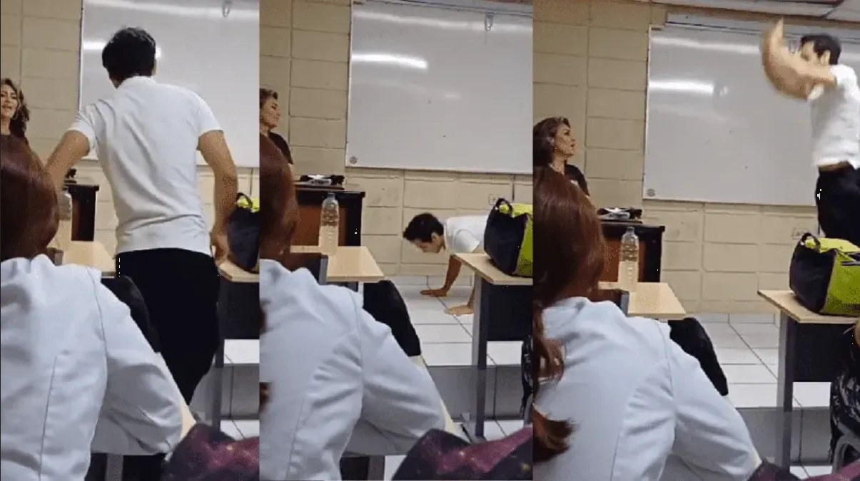 Alumno intenta impresionar a su maestra y termina destruyendo media aula