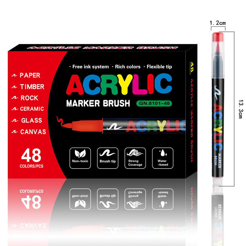 48-Color Liquid Acrylic Paint Markers — Soft Brush Tip| Art & Painting Supplies | Automatic Ink Control System | Suitable for Various Surfaces (Rock, Glass, Wood, Fabric, PP Materials) | Recommended Age: 3+