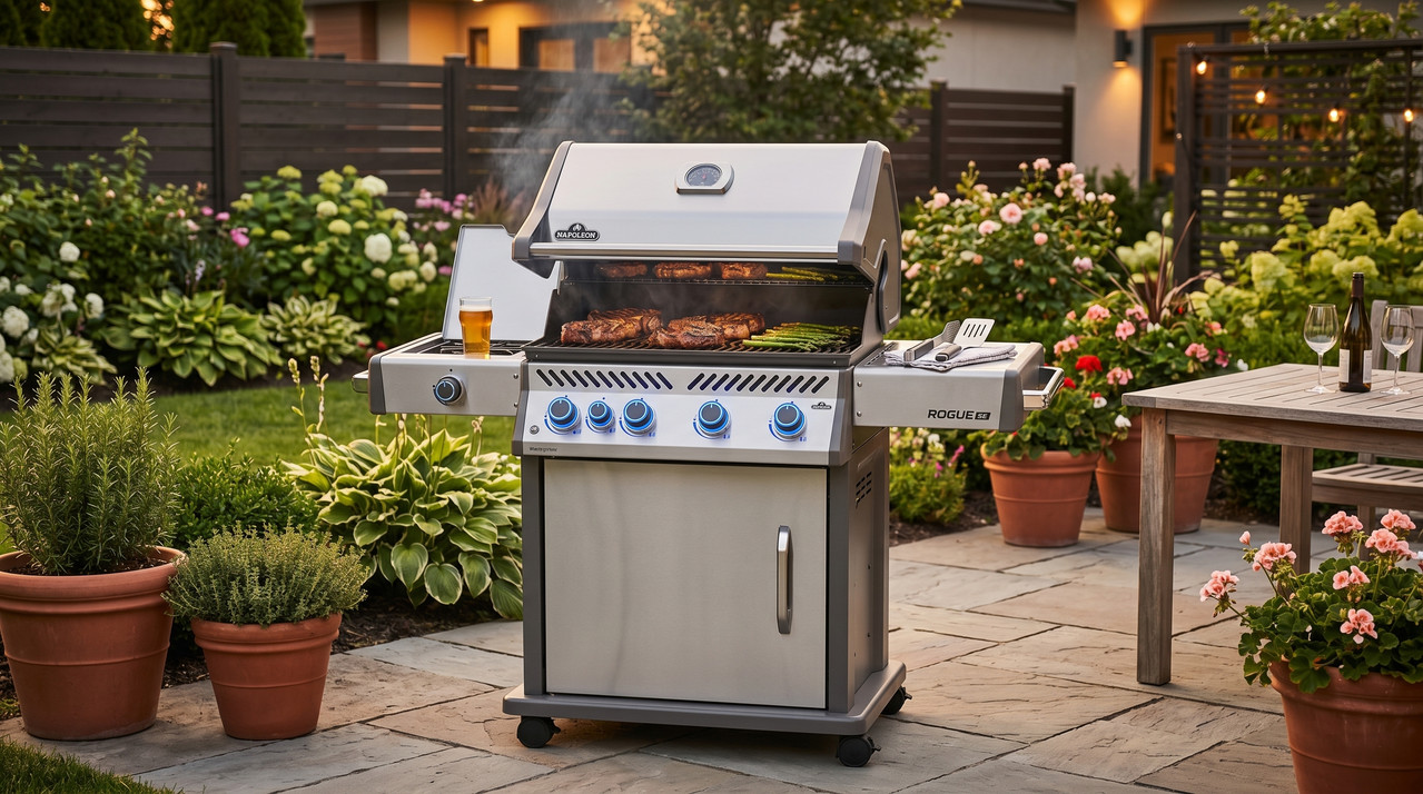 Asador de barbacoa premium Napoleon Rogue PRO 425 en acero inoxidable ubicado en un patio exterior