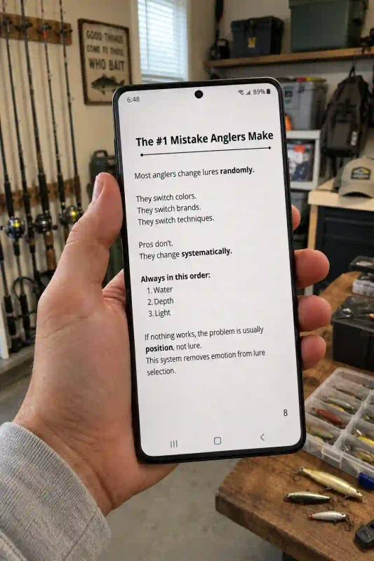 Angler using the Lure Logic quick decision table on a phone