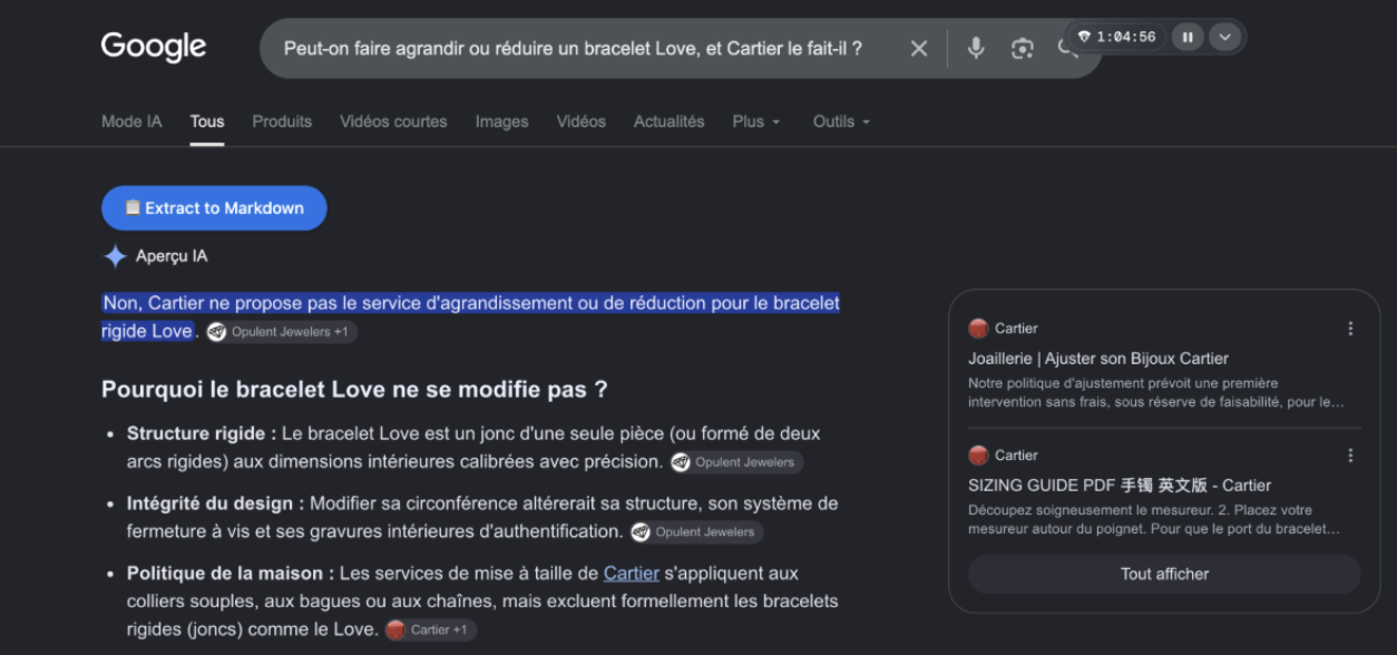 Capture de l'aperçu IA de Google : Non, Cartier ne propose pas le service d'agrandissement ou de réduction pour le bracelet rigide Love.