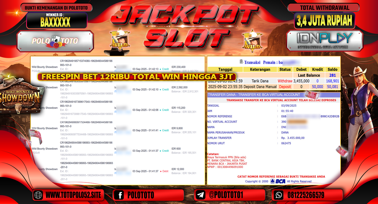 POLOTOTO JACKPOT SLOT WILD BOUNTY SHOWDOWN Rp.3.455.000,-