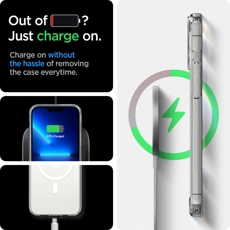 El forro Spigen mostrando su anillo MagSafe integrado y su compatibilidad con accesorios.