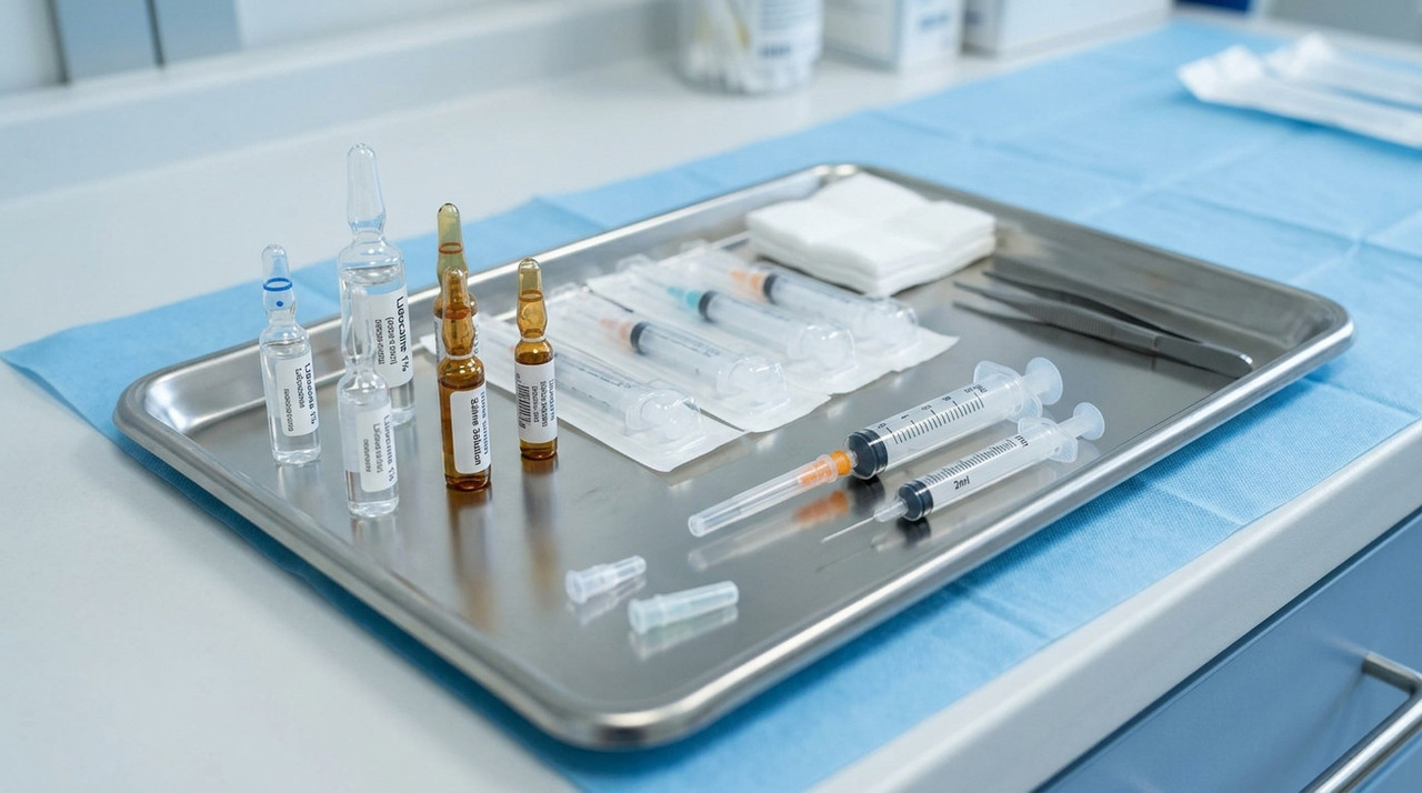 Стерильные инструменты: шприцы, ампулы с препаратами на медицинском лотке