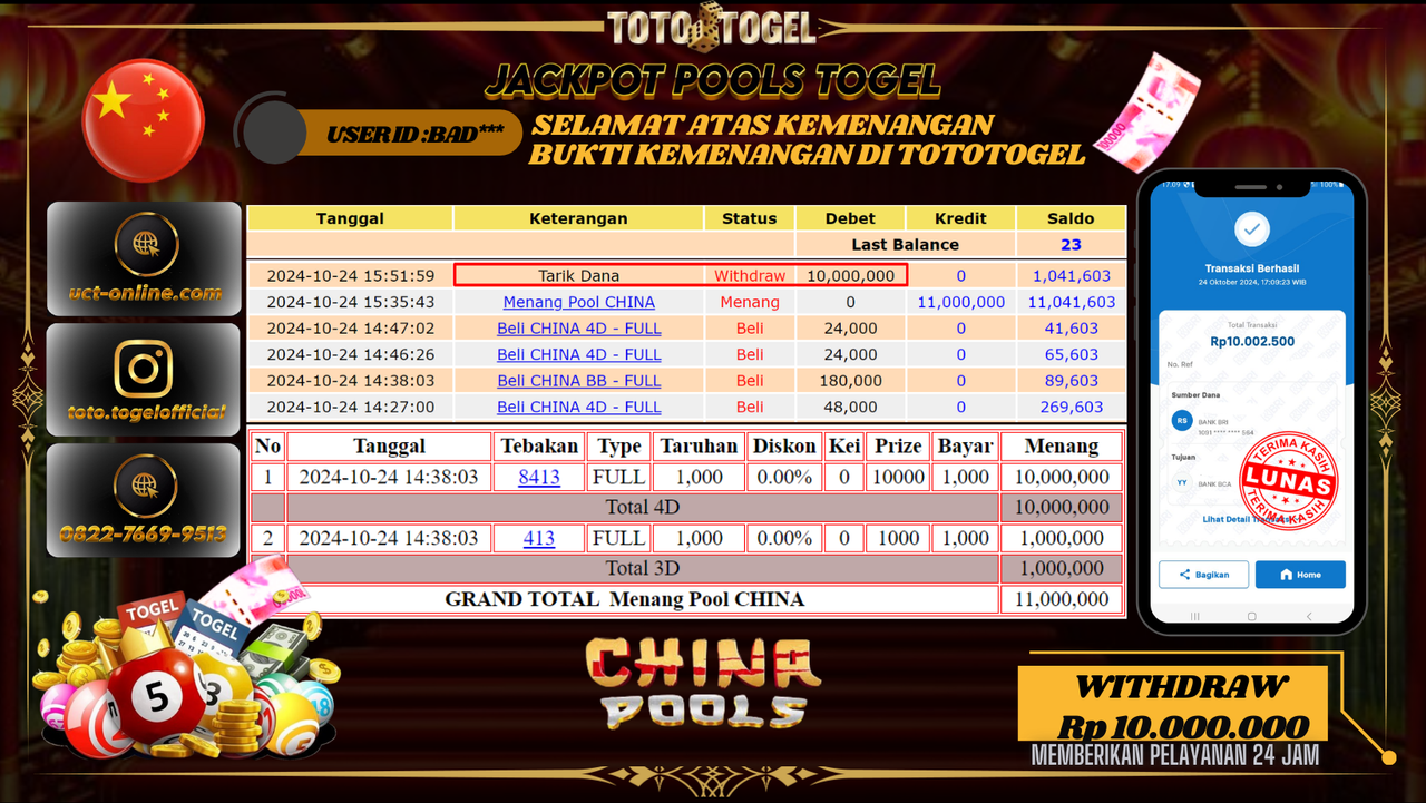 Bukti Pembayaran Permainan Jackpot Pools China ID : BAD*** LUNAS
