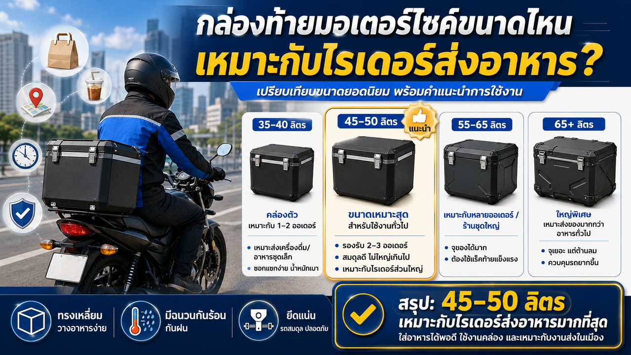 กล่องท้ายมอเตอร์ไซค์ขนาดไหนเหมาะกับไรเดอร์ส่งอาหาร?