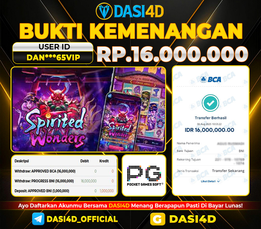 BUKTI KEMENANGAN 06 AGUSTUS DI SPIRITED WONDERS WD 16.000.000