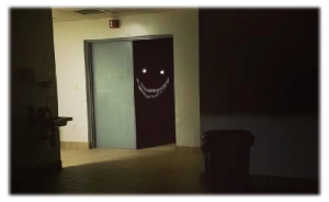 An image of a Smiler staring out from the doorway of a dark room.