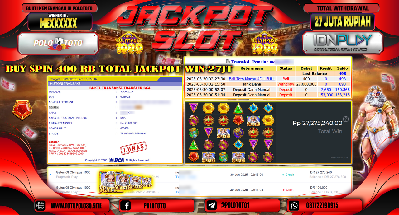 POLOTOTO JACKPOT SLOT GATES OF OLYMPUS 1000 Rp.27.000.000,-