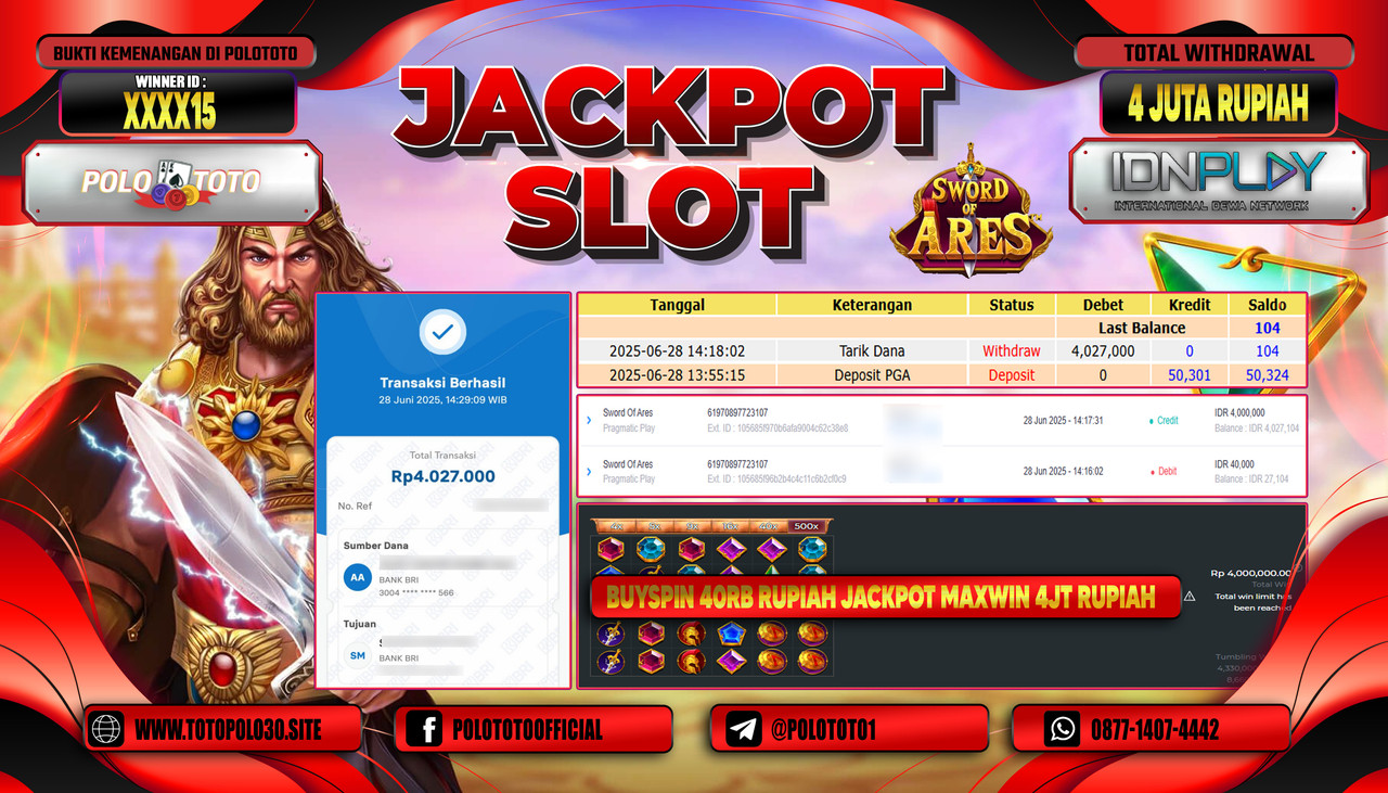 POLOTOTO JACKPOT SLOT SWORD OF ARES Rp.4.000.000,- LUNAS